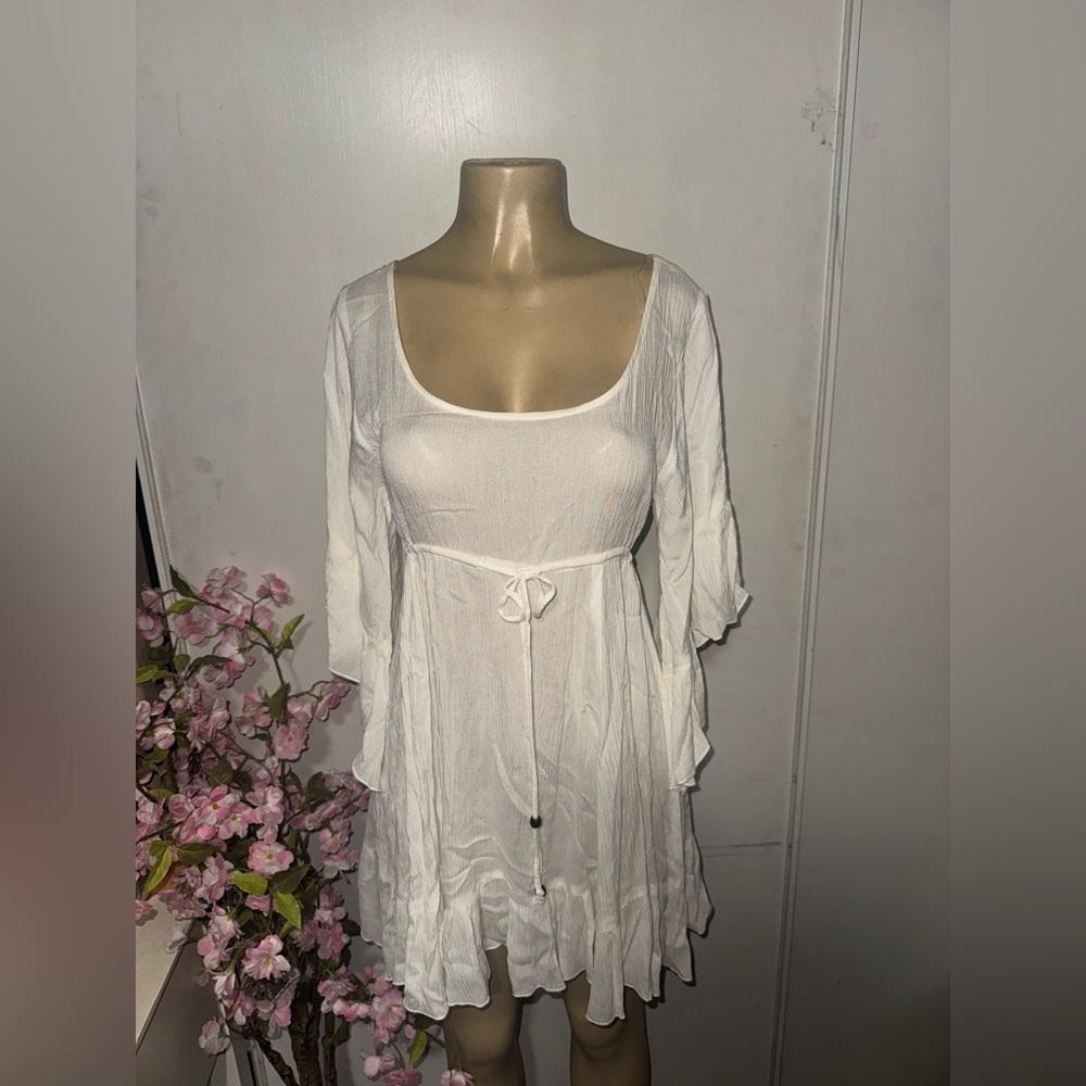 Elegant White Midi Dress with Waist Tie - Picture 1 of 9